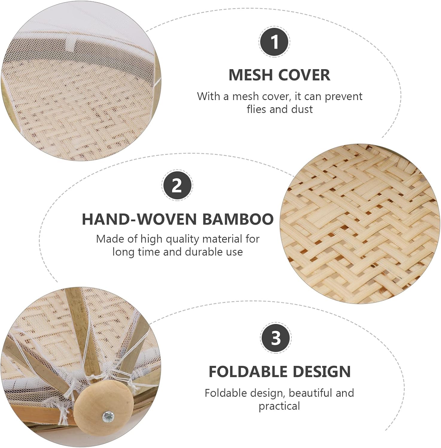 Happyyami 3pcs Covered Rectangular Bamboo Serving Food Tent Basket Handwoven Bamboo Serving Basket- Bug- Proof Mosquitoesor Vegetable Fruits Khaki