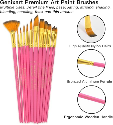 Miniatura 5 de Genixart Juego de pinceles para acuarela al óleo acrílica, pelo de nailon sintético, pinceles para artistas, para uñas, rostro, cuerpo, pintura