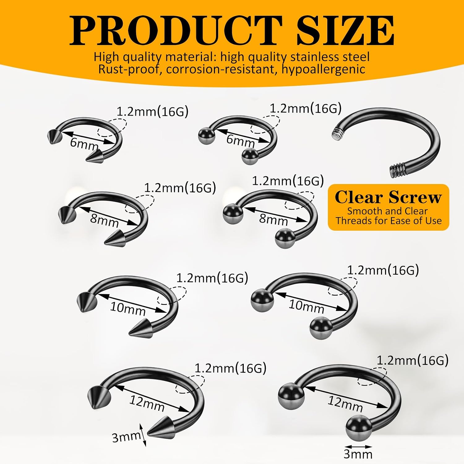 8pcs 16G Horseshoe Rings Black Septum Ring Surgical Steel Nose Rings Hoop Septum Ring Cartilage Earrings Nose Eyebrow Tragus Helix Lip Rings Small Septum Piercing Jewelry For Women Men 6/8/10/12mm