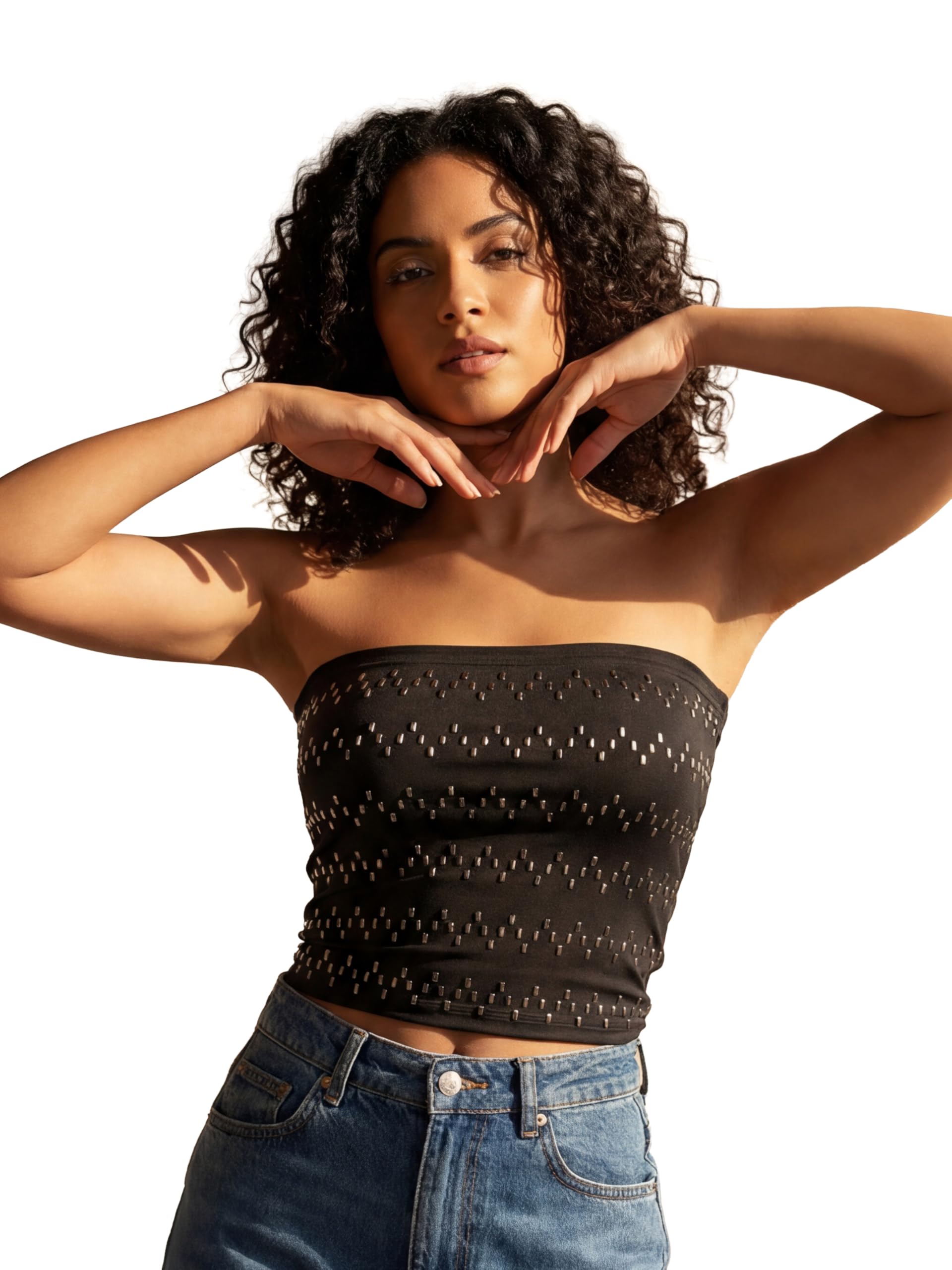 Women’s Studded Tube Top – Metallic Chevron Stud Detail, Strapless Black Crop Top, Edgy Streetwear Punk-Inspired Bodice-image-40