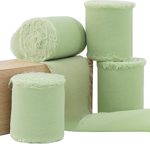 TONIFUL - 4 rollos de cinta de gasa hecha a mano con flecos, tacto como la seda, de chifón, de 1-12 pulgadas de ancho x 22 yardas de largo, color