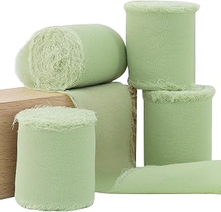 TONIFUL 4 Rolls 1-1/2 Inch Sage Green Lime Green Chiffon Silk Ribbon 22yds Handmade Fringe Chiffon Ribbons Set for Wedding Invitations, Bridal Bouquets, Gifts Wrapping, Christmas (sage, 22yds, 1.5")