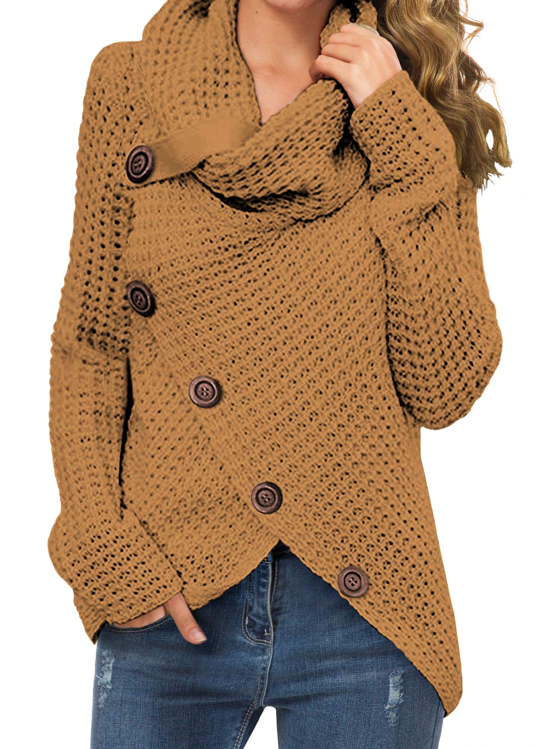 GRECERELLEWomen's Solid Color Chunky Button Pullover Sweater Turtle Cowl Neck Asymmetric Hem Knit Sweater
