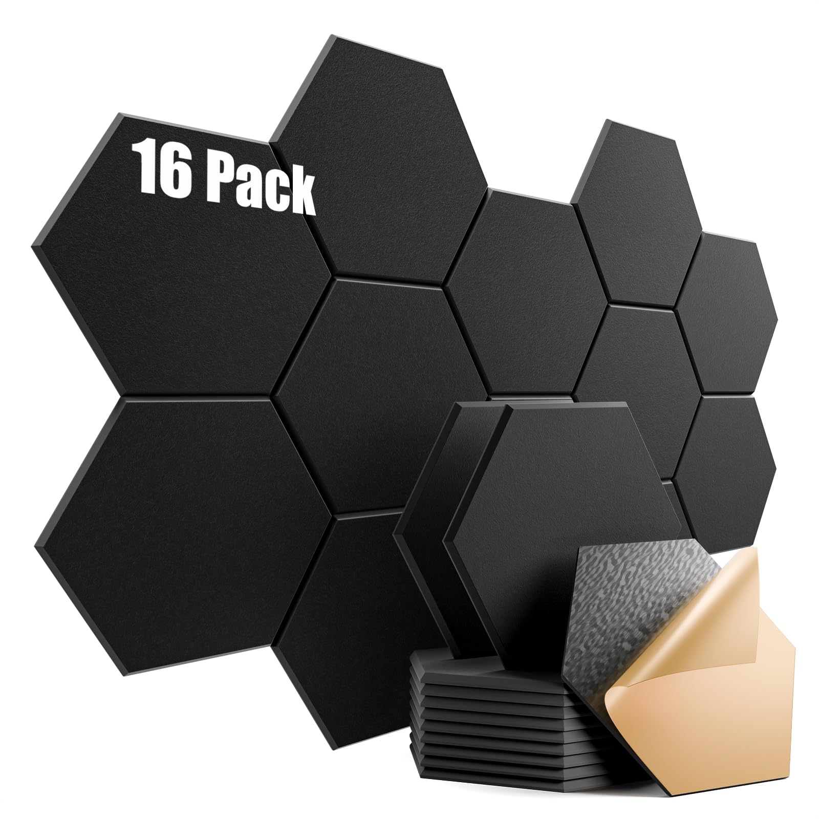 16 Pack Self-Adhesive Acoustic Panels 12" X 10" X 0.4" - Sound Proof Foam Panels for wall with High Density, Hexagon Design, Flame Resistant, Absorb Noise and Eliminate Echoes(Black)