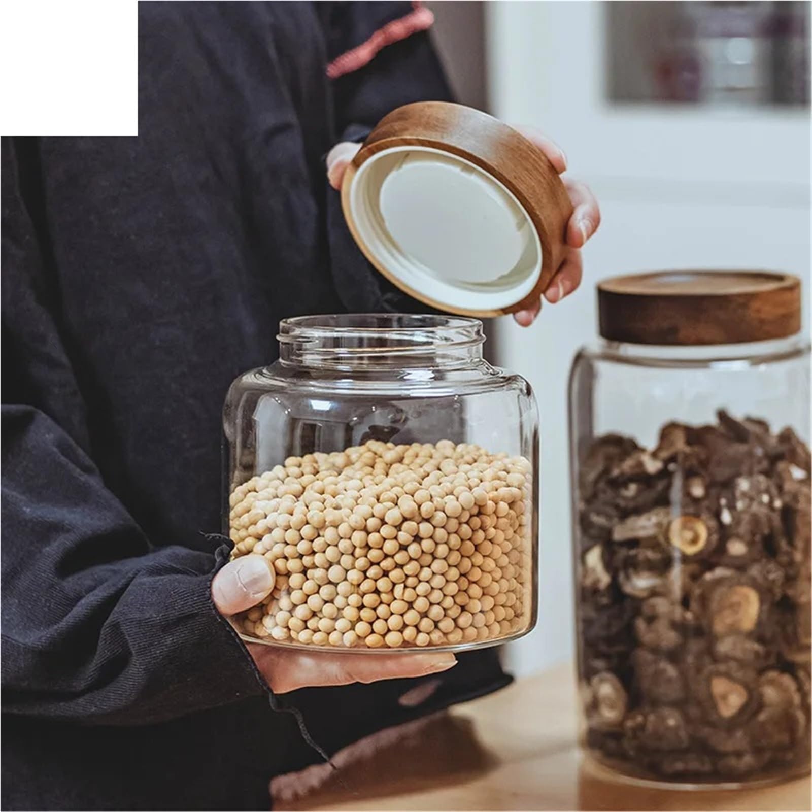 Bonbonglas 1,25/1,95/2,5/3,4 L Glas Candy Jar Runde Lebensmittel Lagerung Glas Mit Holz Deckel Küche Kaffee bohnen Kanister Hause Snack Lagerung FüR SüßWaren(1.25L)