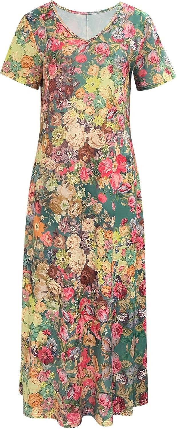 Women's Floral Maxi Dress Long Sleeve Ruffle Hem V Neck Flowy A Line Casual Vacation Party Dresses