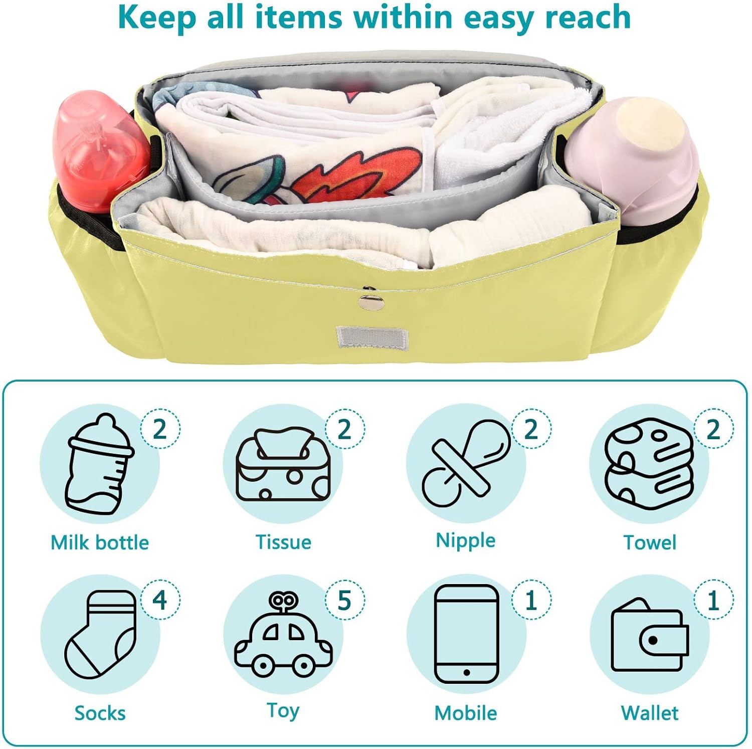 Wudan Light Yellow Baby Stroller Organizer with Shoulder Strap Diaper Bag Baby Essentials Universal Fit Most Strollers