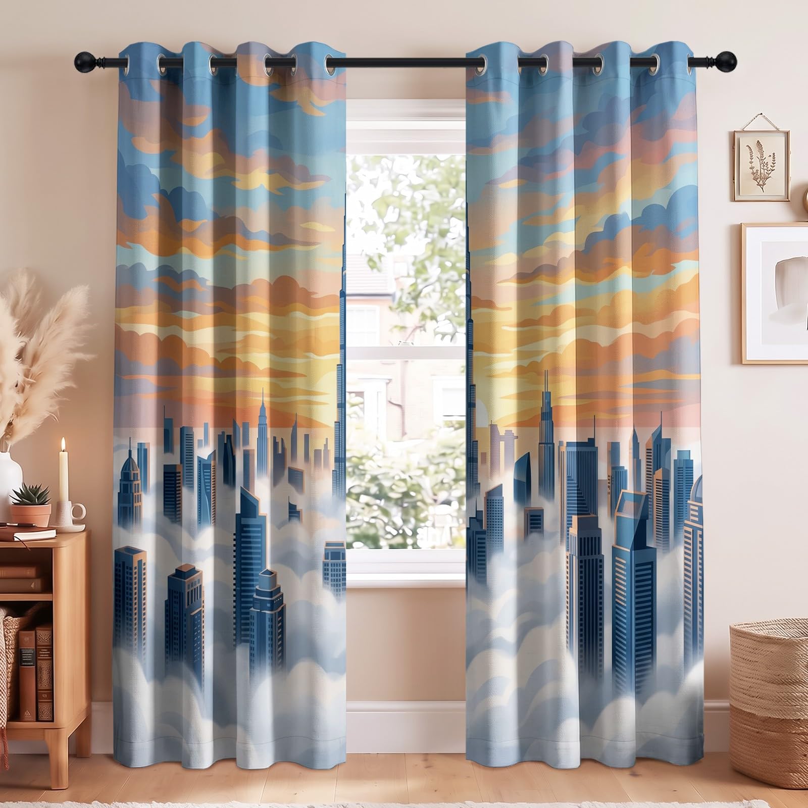 Générique Lot de 2 Rideau Occultant Moderne Cinématique Nuage Ville 140L x 1220H CM, Rideaux Thermique Isolant Anti Froid, Rideau Occultant - Rideaux Fenetre pour Chambre et Salon