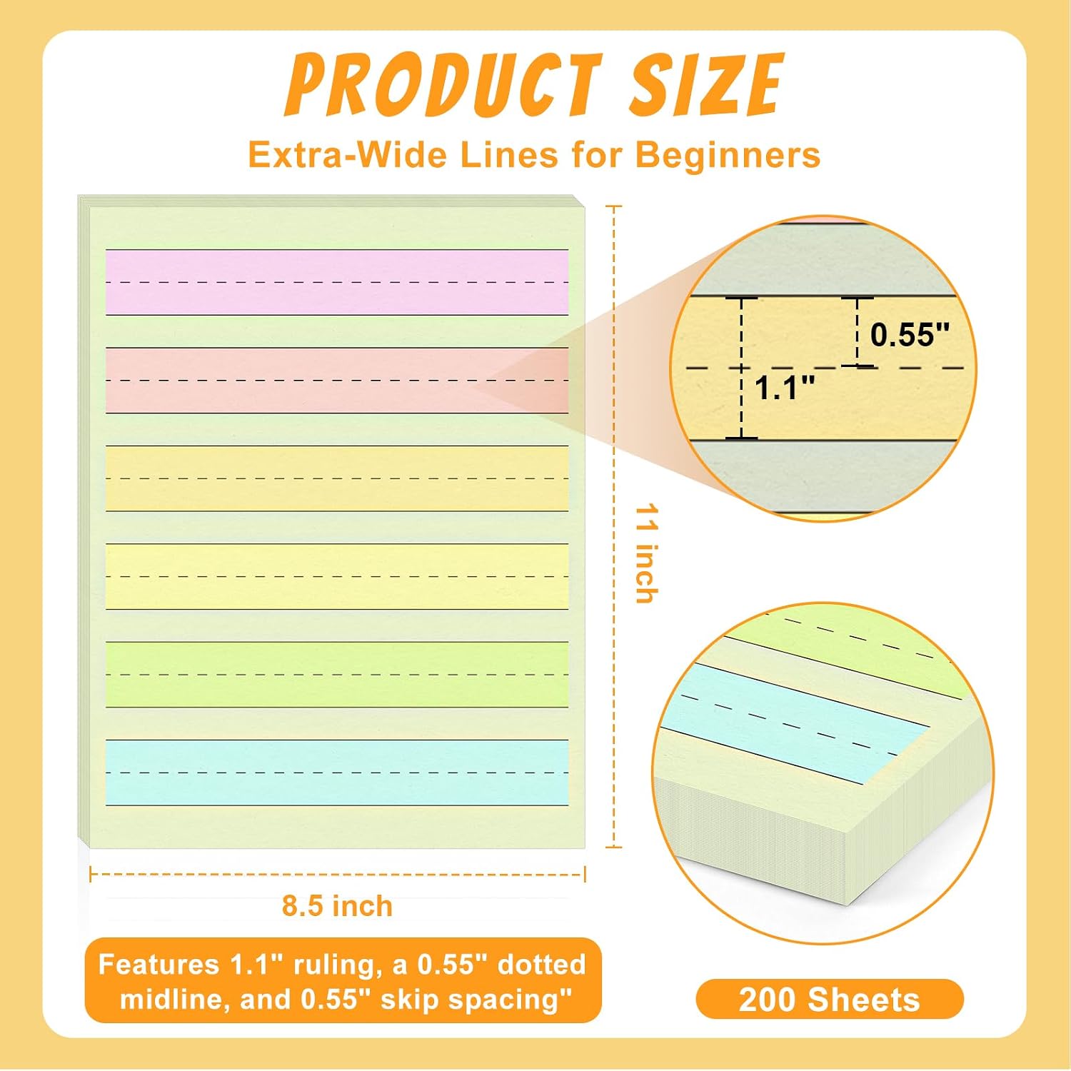 200 Sheets Handwriting Paper Kindergarten Wide Ruled 1-1/8” Raised Lined Paper Primary Writing Pad 8.5 x 11 Inch Colored Spacing Papers Tactile for Kids Multi-Sensory Ruled Handwriting Tablet
