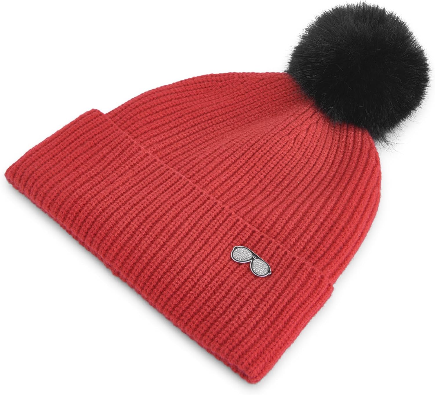 Karl Lagerfeld Womens Ribbed Beanie with Sunglasses Pin and Fur Pom - Image 3