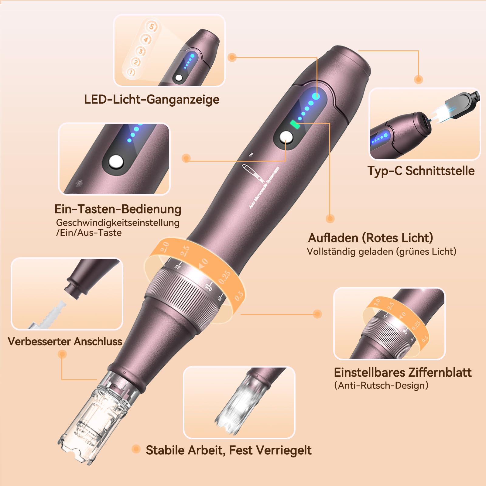 Microneedling Pen A10,Elektrischer Dermapen Kabellos mit 5 Stufen inkl. 22 Stk Ersatzpatronen,Dermapen Microneedling Zuhause für Gesicht und Körper