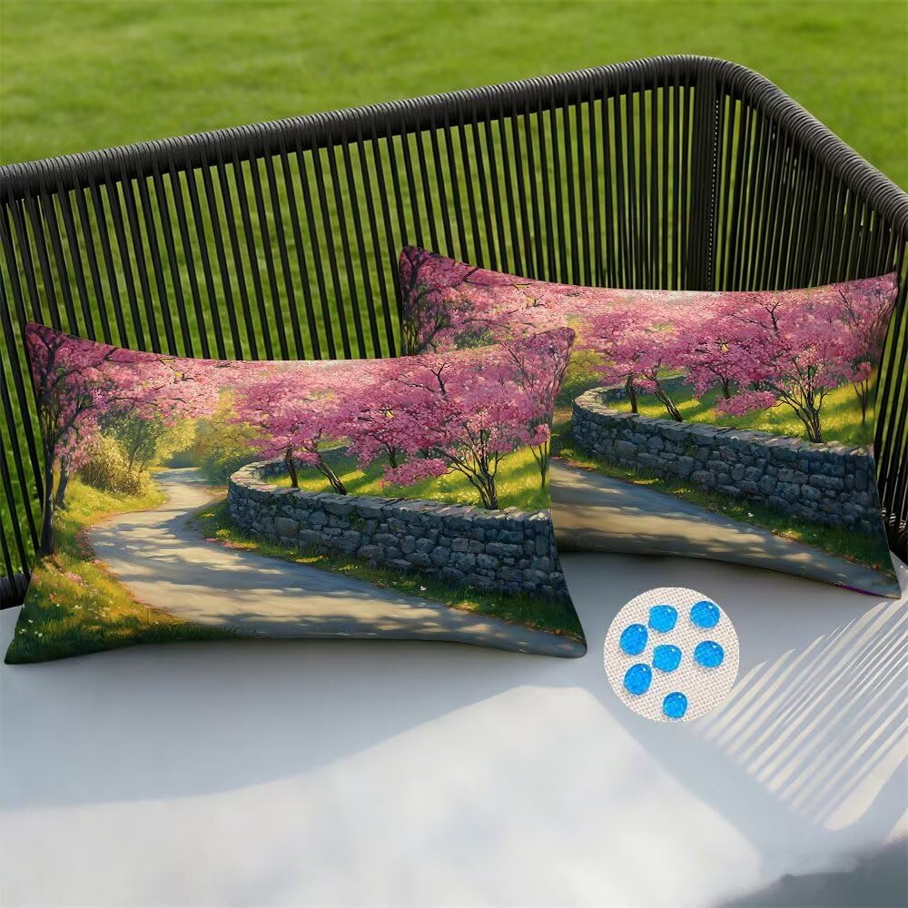 Outdoor Cushion Covers 30 x 50 cm Spring Park Garden Cushions Waterproof Cushion Cover 2 pack Decorative Pillows Cherry Blossoms Throw Pillow Case Cushions Covers for Patio Garden 12x20 Inch -SC369