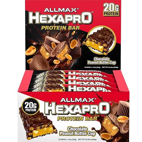 ALLMAX HEXAPRO - Barra de proteínas, taza de mantequilla de maní y chocolate, paquete de 12 unidades, refrigerio energético de alto contenido