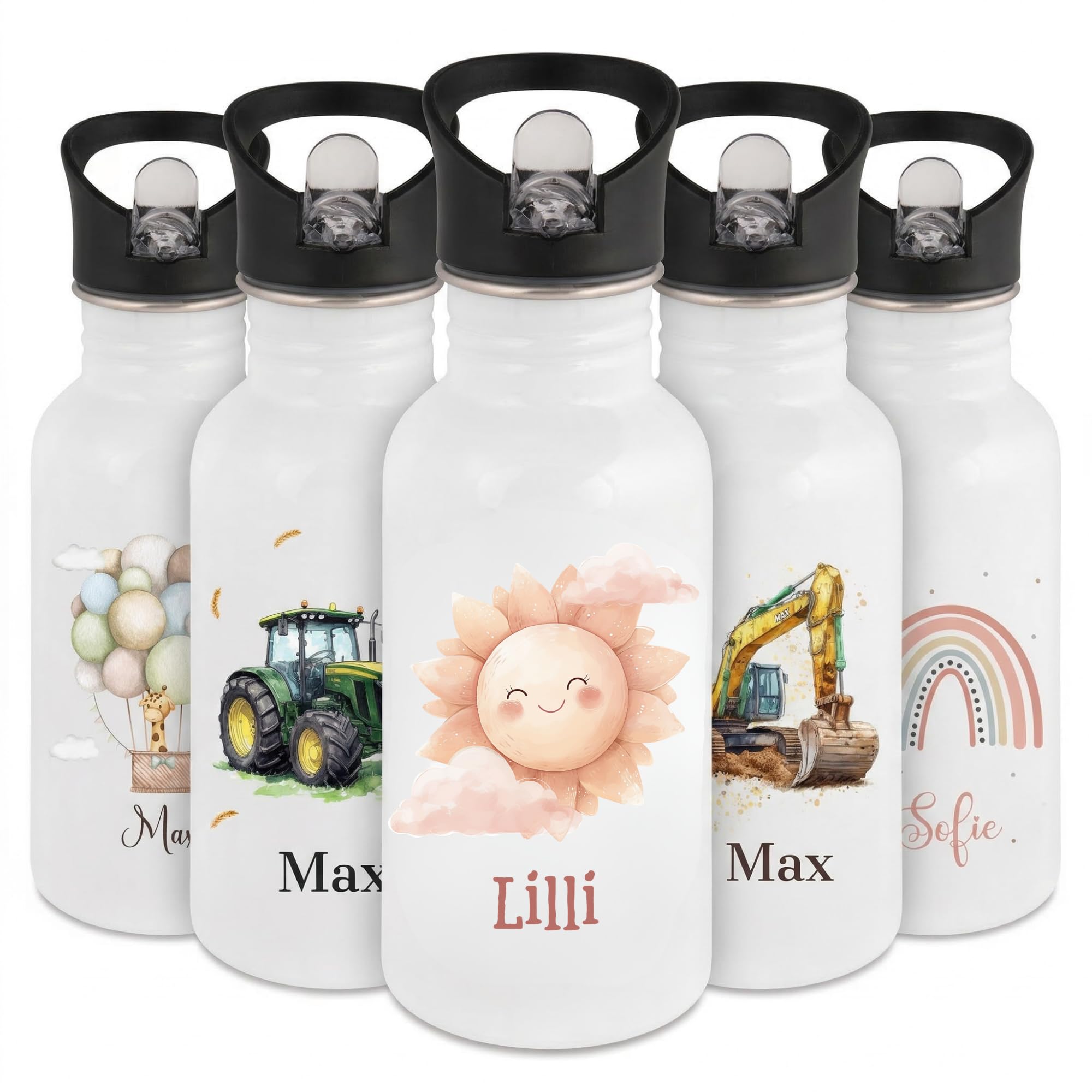 smartaini Personalisierte Trinkflasche für Kinder mit Namen – Auslaufsichere Edelstahl Trinkflasche 500ml für Schule & Kindergarten – Robuste Wasserflasche mit Sportverschluss & Griff (Sonne)
