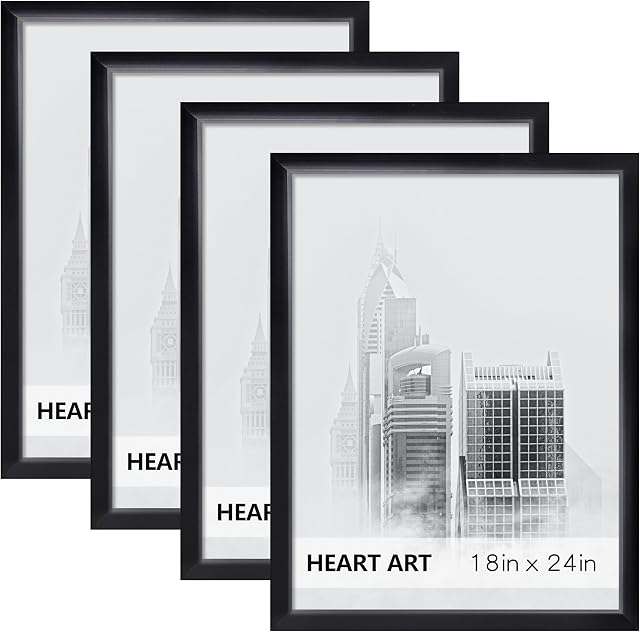 HEART ART 18x24 Frame 4 Pack ,18x24 Poster Frame without Mat for Wall Picture Vertically or Horizontally Display,Black | wall picture display 18x24 Poster Frames