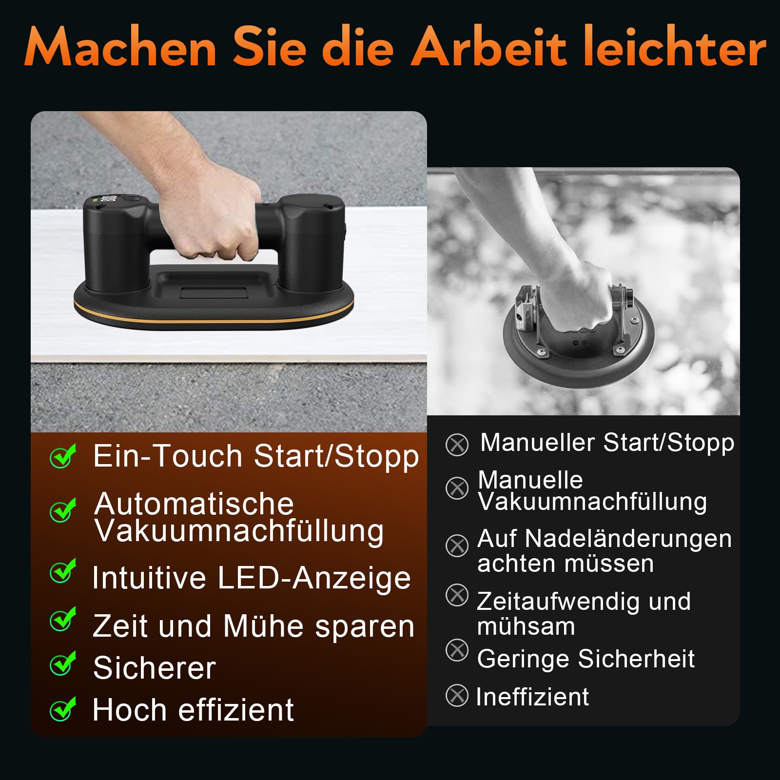 2 Stück Akku Saugheber, 300kg Saugkraft Saugheber Fliesen Akku mit Doppelmotor, LCD-Display, 4000 mAh integrierter Lithium-Ionen-Akku, Durchmesser 24 cm, Saugheber Akku für Fliesen, Glas, Marmor