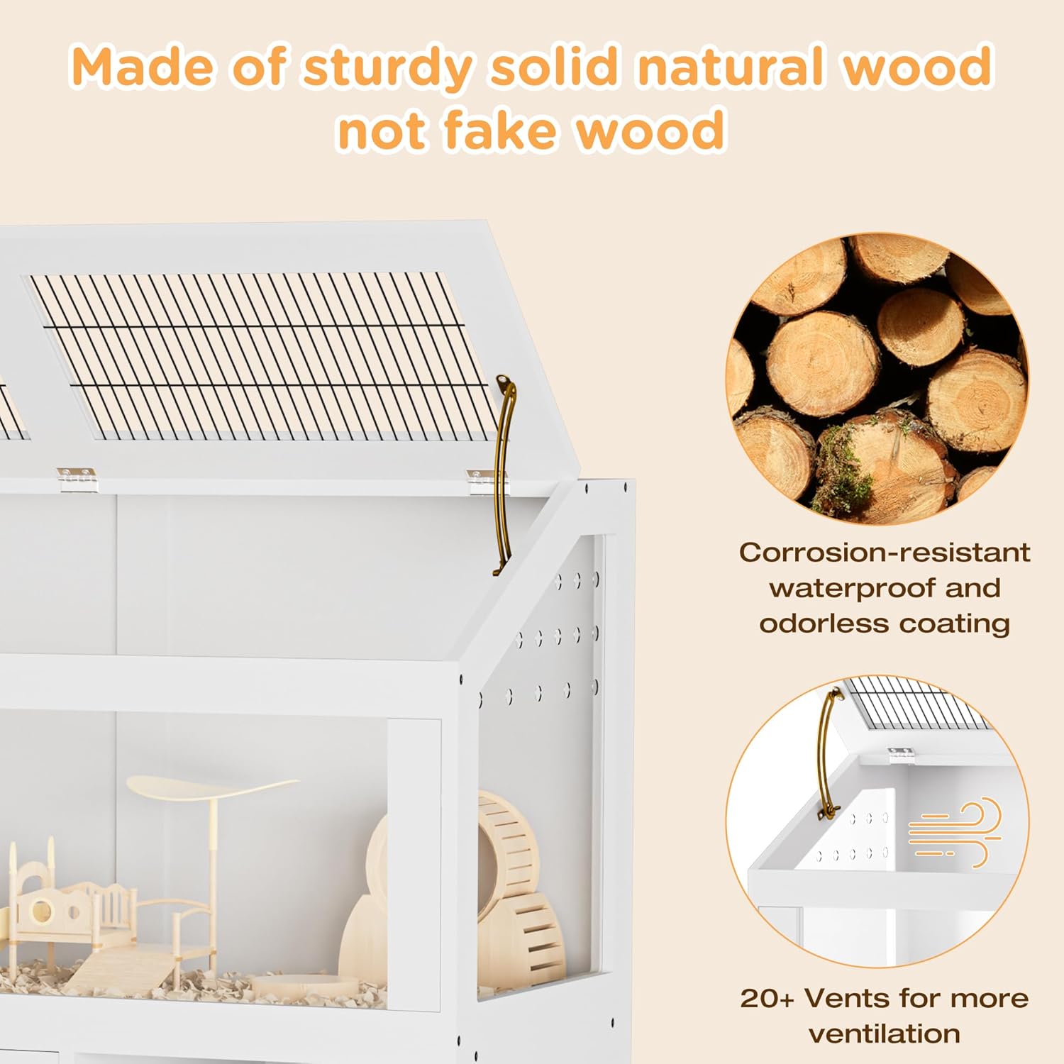 Hamster Cage with Storage Cabinet, Hamster Cage Large, Large Hamster Habitat with Easy View Acrylic Panels, Wooden Small Animal Cages for Guinea Pigs, Rabbits, Gerbils, Hedgehogs, White