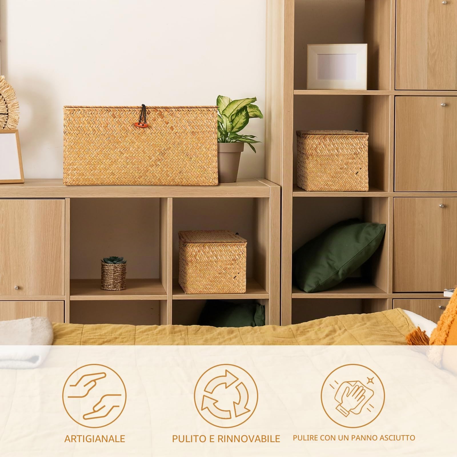 FEILANDUO Set di 3 Cestini con Coperchio Intrecciati a Mano in Marina, Organizer per Trucchi Multiuso Cestini Portaoggetti Cesta Vimini con Coperchio Cestino Naturale Intrecciato con Alghe (Grande)
