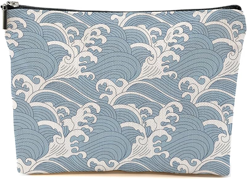 Necessaire de maquiagem Blue Leaves Chinese Waves, azul e cinza