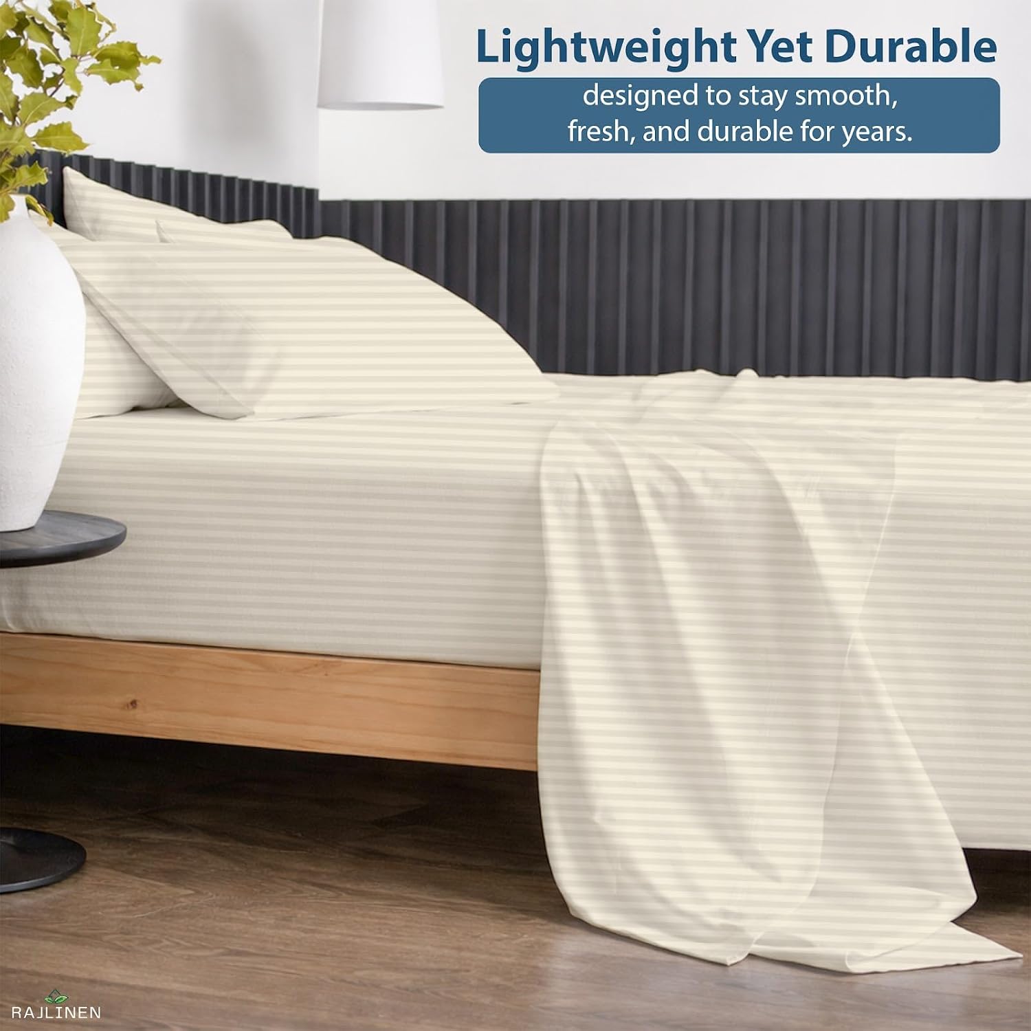 Rajlinen 100% Cotton California King Sheets Set, Cooling & Breathable Bed Sheets, 16 Inch Deep Pocket Fitted Sheet with All-Around Elastic, Soft & Durable Bedding Set, Ivory Stripe