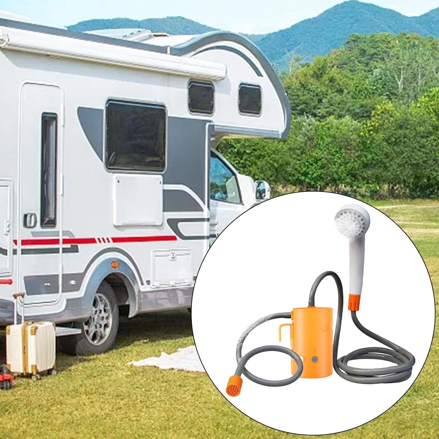 Outdoor Shower System with Electric Pump and 1.8M Hose for Camping, Orange no Remote
