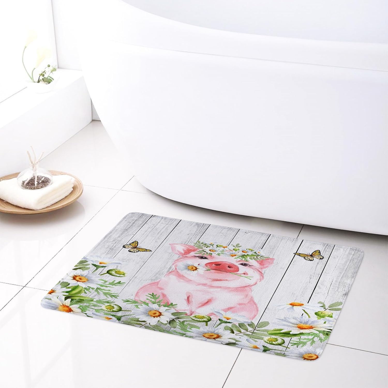 HVEST Farmhouse Pig Shower Curtain with Bathroom Rugs,Funny Animal Pink Pig and White Daisy Flower and Butterfly Shower Curtain Set, 70L x 70W inches Green Leaf Plant Shower Curtain with Bath Mat
