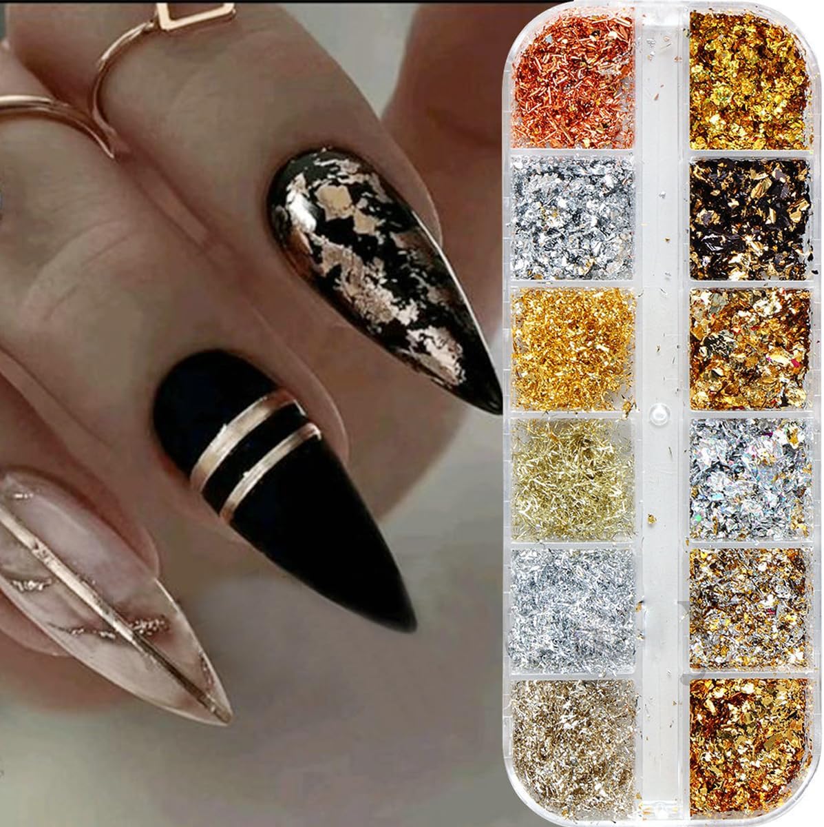 Holographic Nail Glitter Gold Foils for Kit, 12 Grids Sparkly Ultra-Thin Aluminum Foil Nail Art Flakes Designs, Powder Nail Glitters Sequins Acrylic Supplies DIY Manicure Charms Decorations, for Women - Image 2