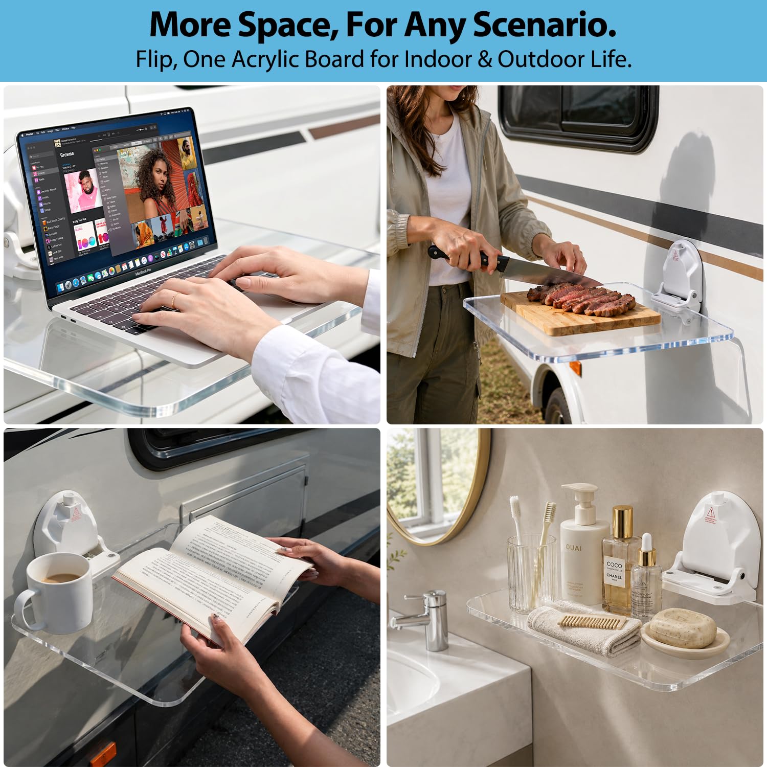 Saugnapf Klappbarer Acryl‑Tisch, Bohrloser Abnehmbarer Schwimmender Ablagetisch, Multifunktionaler Wohnmobil‑Tisch Für Innen & Außen, Essbrett, Laptop‑Ständer, Ablage Für Camping Overlanding