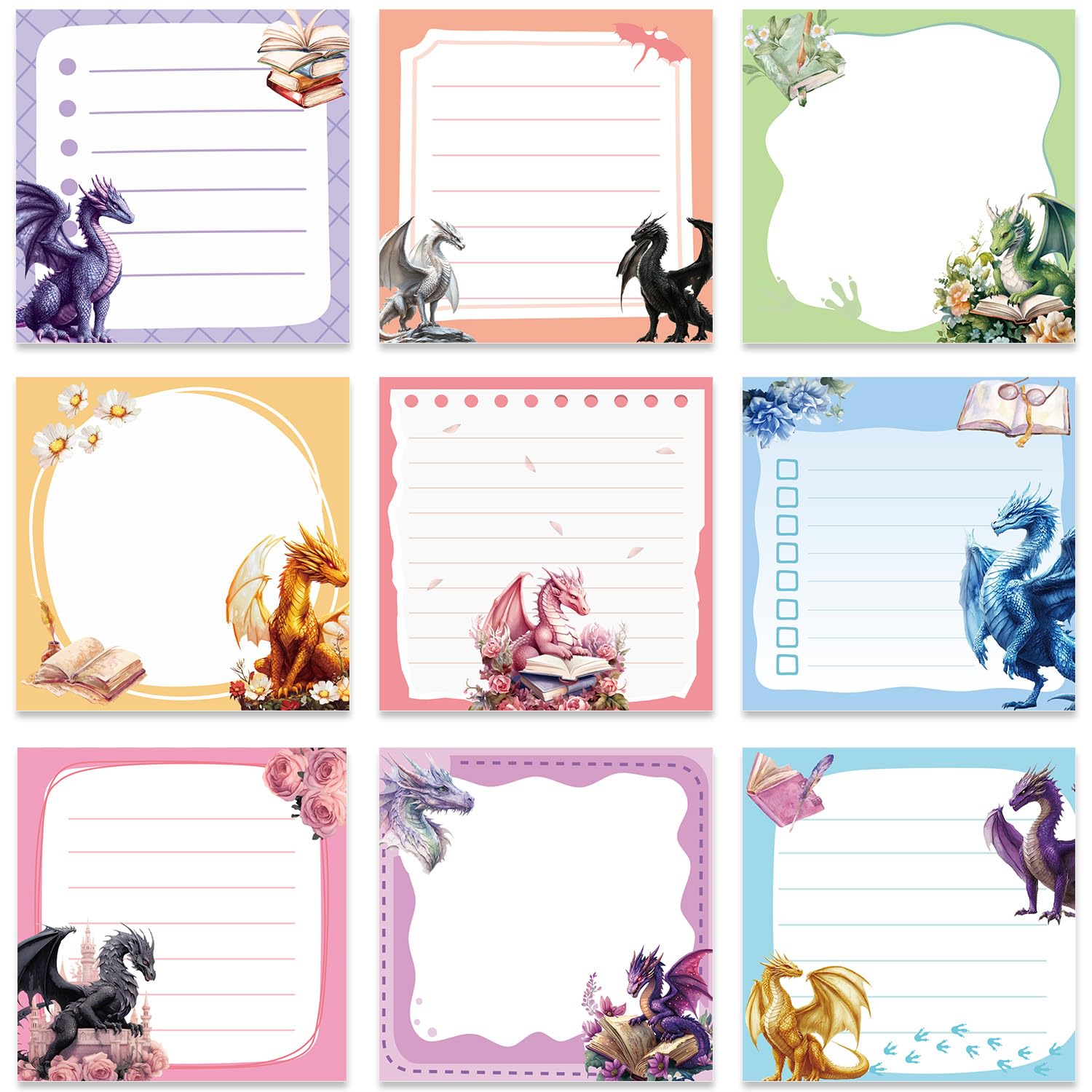 Lovarywow Dragon Sticky Notes Gifts, 9 Pack Cute Dragon Notepads 3x3 Inch Gifts for Students Coworkers, Funny Self-Stick Memo Pad Office School
