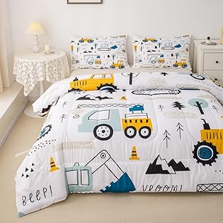 Feelyou Cartoon Car Kids Comforter Set Construction Bedding Set Decor Equipment Trucks Comforter Cartoon Car Excavator Tractor White Yellow Duvet Set Bedroom Quilt Set 2Pcs Twin