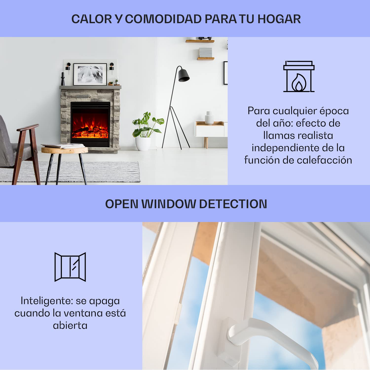 Klarstein Chimenea Electrica Bajo Consumo Pared, Estufa sin Leña de Interior, Chimeneas Electricas Decorativas 1800W, Llama LED, Chimenea Decorativa con Mando, Temporizador y Efecto Real Troncos