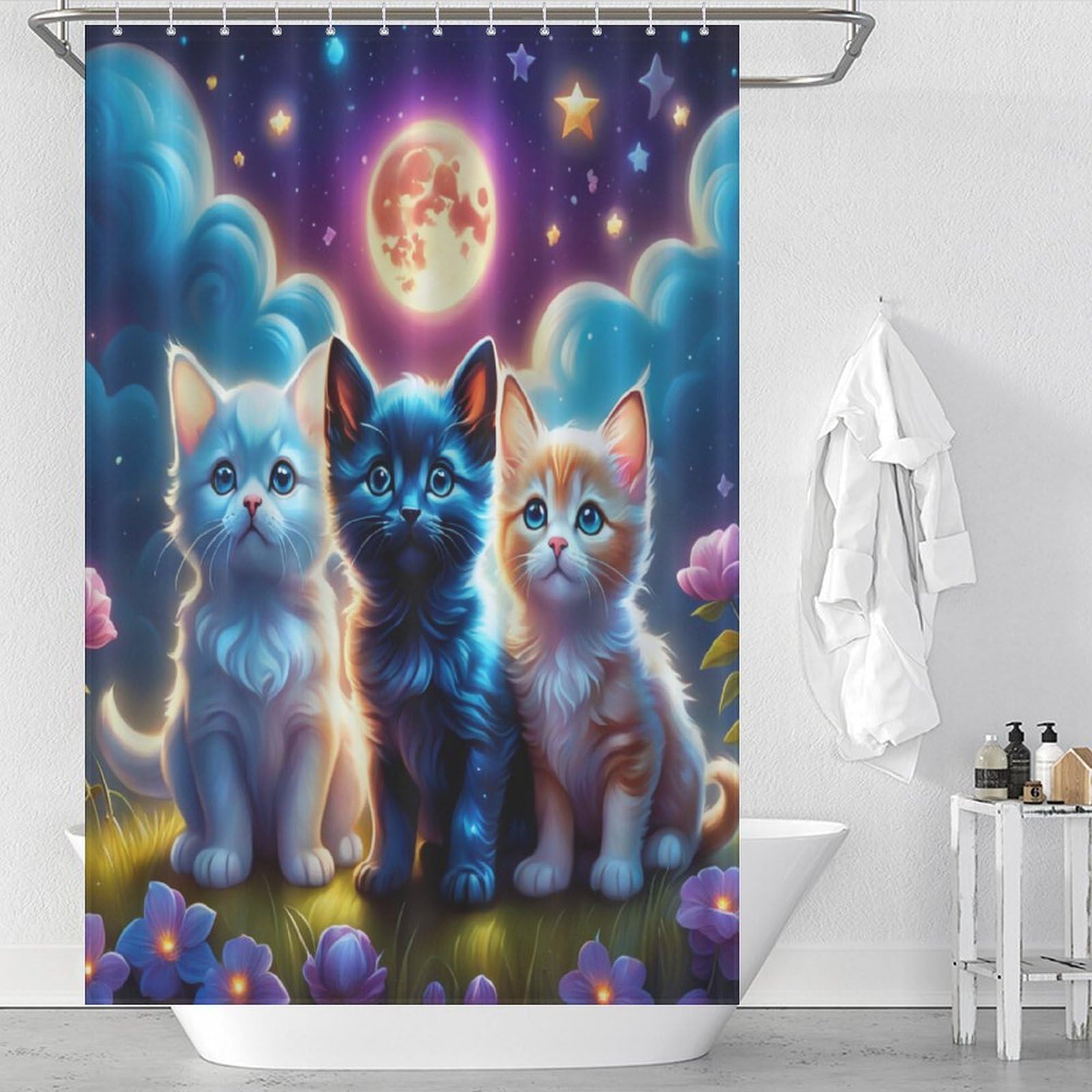 Rideau de douche chat mignon anti-éclaboussures avec 12 crochets