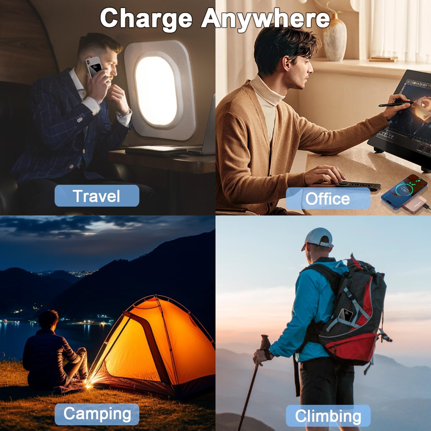 Various scenarios showing the Matast DY210 power bank being used for charging during travel, office work, camping, and climbing.