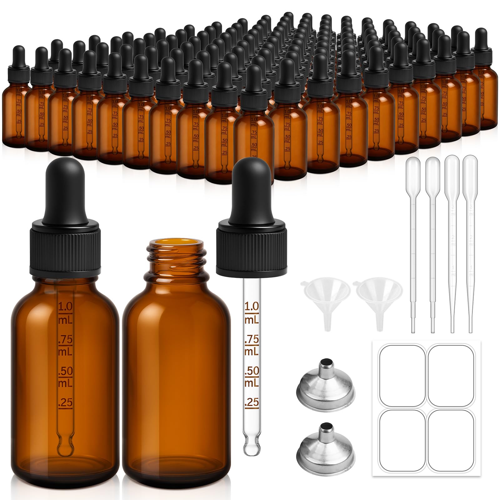 Bumobum Tropfflaschen für ätherische Öle, 100 Stück, 30 ml, bernsteinfarbene Glas-Tropfflaschen mit Pipette, 10 Trichter und 10 lange Pipetten, leere Tinkturflaschen für Reisen, Heimgebrauch