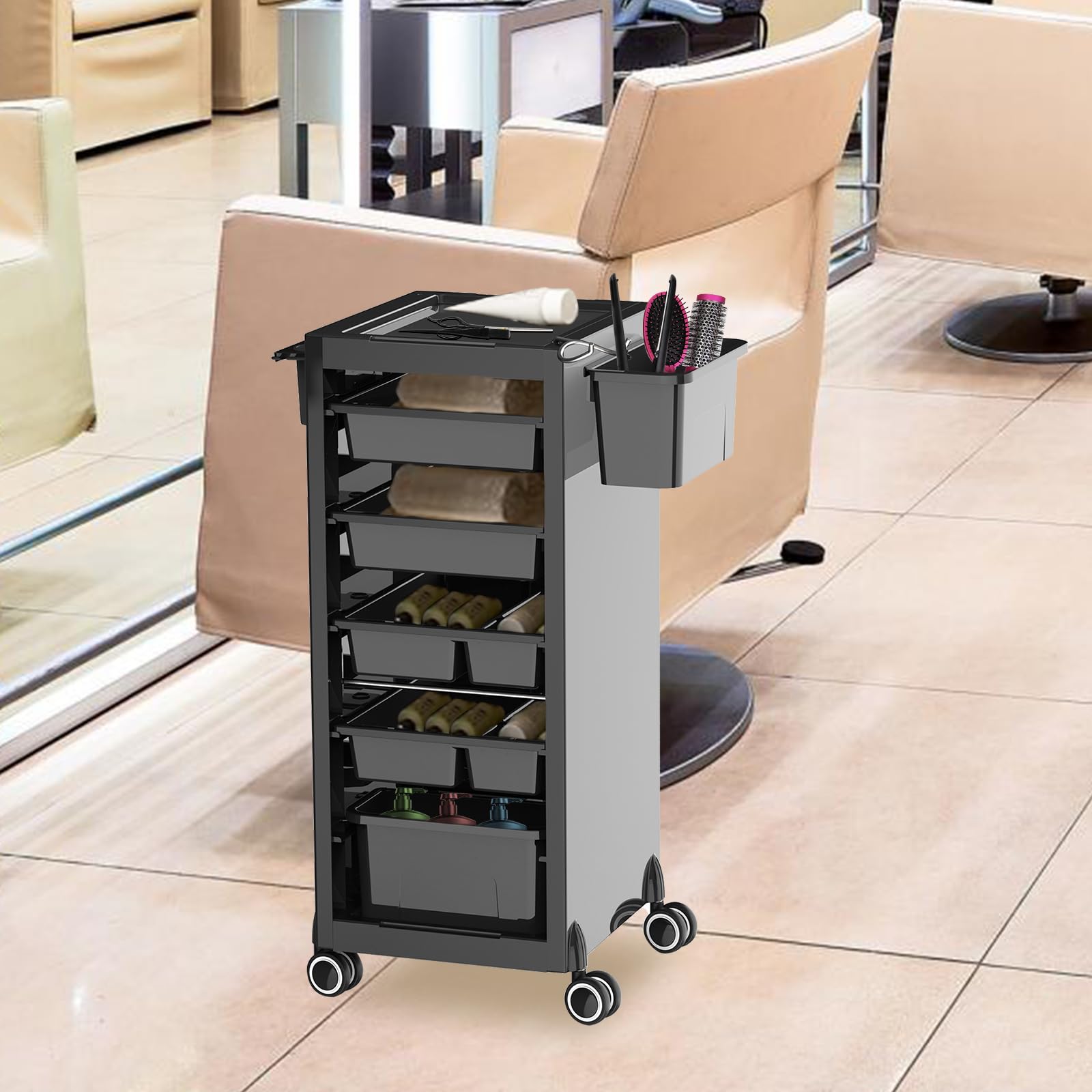 Garvee Chariot de Rangement Professionnel pour Spa et Salon – 6 Plateaux Amovibles, 4 Tiroirs, 2 Paniers, Support Sèche-Cheveux Universel, Roues Pivotantes