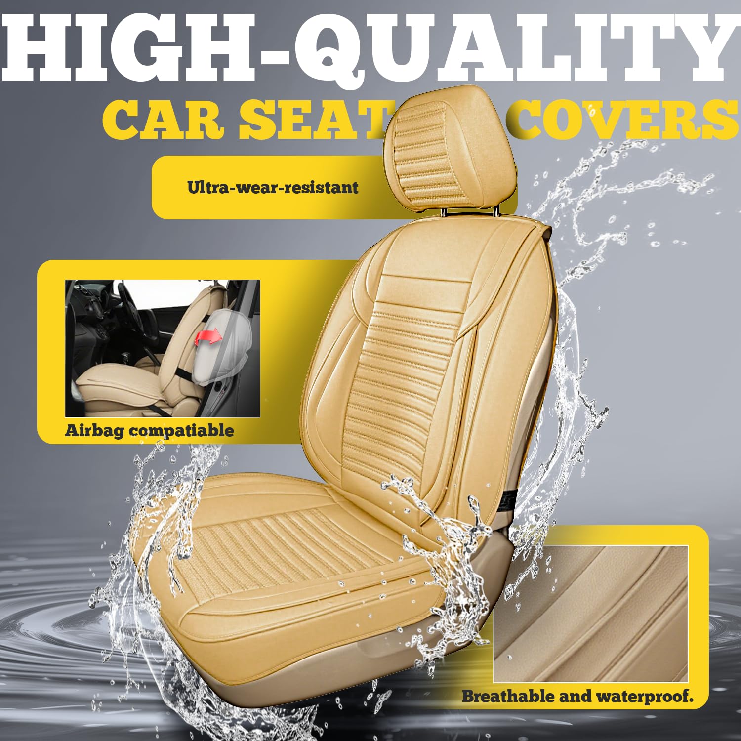 LINGVIDO Car Seat Covers, Breathable and Waterproof Faux Leather Automotive Seat Covers for Cars SUV Truck Sedan,Universal Driver Seat Cover with Backrest (Front Seat, Beige)