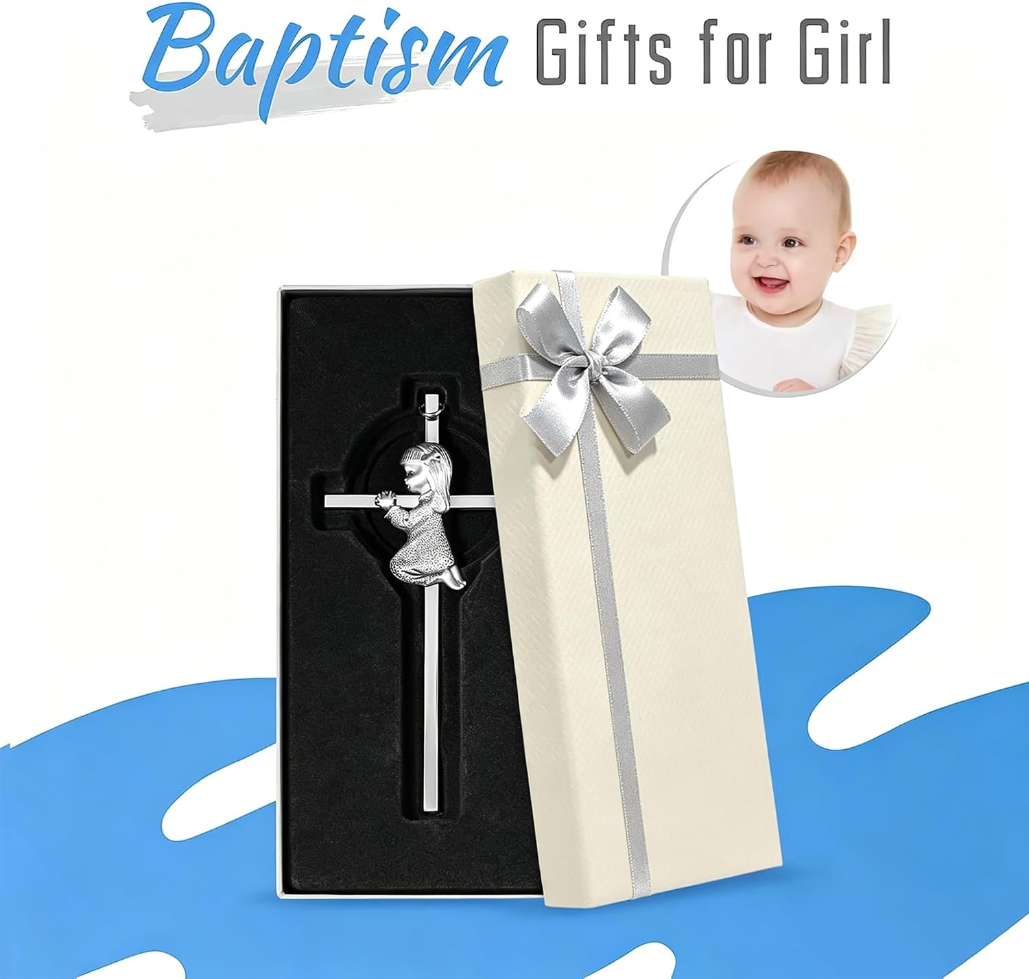 Baby Wall Cross Baptism Gifts for Girl, 6-inch Silver Praying Catholic Girls Baptism Crosses for Christening, First Holy Communion & Baby Dedication Gifts, Baptismal Cross Newborn Nursery Decor