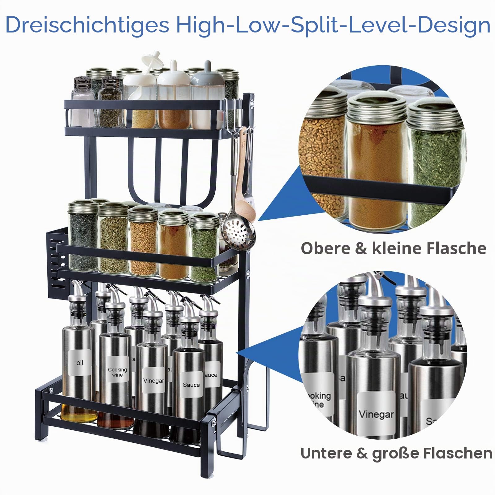 Uten Gewürzregal, 2-Stöckiges Gewürzregal Stehend mit 3 Haken, Gewürzregal Essstäbchenregal Messerregal Schneidebrettregal für Küchenarbeitsplatte, Geeignet für Küchenarbeitsplatten