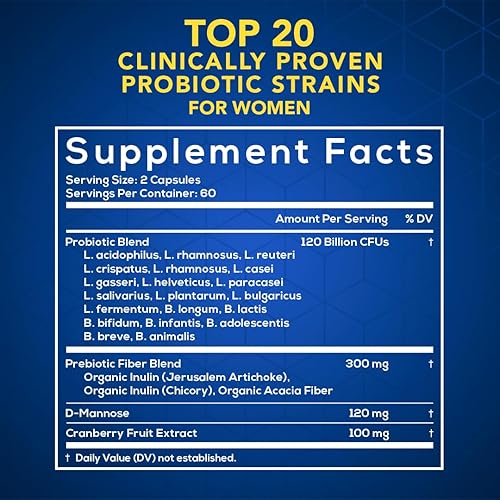Miniatura 2 de Probiótico para mujeres - Vaginal, intestino, UT, equilibrio de pH, salud femenina y digestiva - Prebióticos con probióticos, arándano, D-manosa -