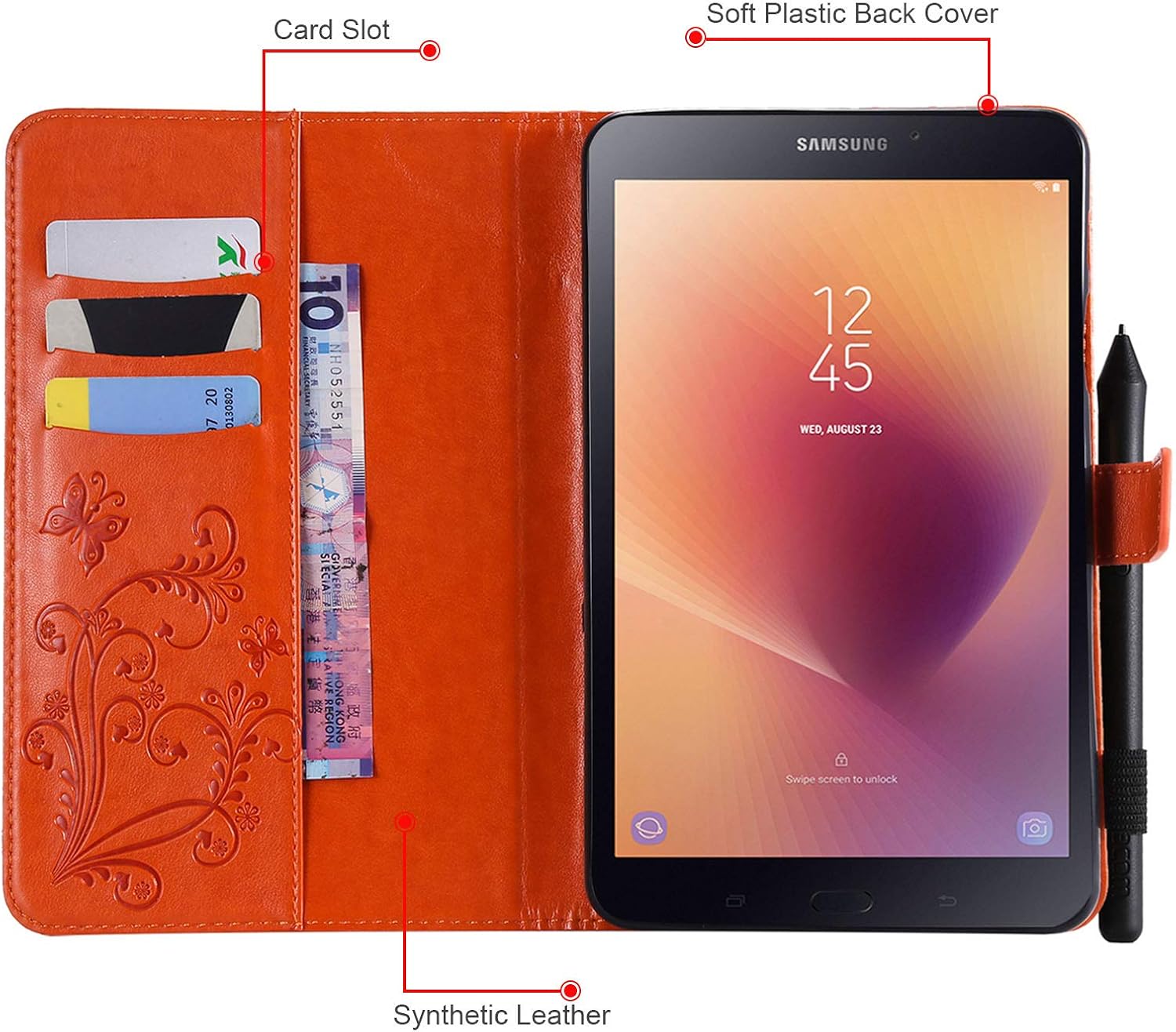 Galaxy Tab A 8.0 2018 Case, Dteck Slim Fit Embossed Butterfly Pattern PU Leather Folio Stand Case with Card Holders Cover for Samsung Galaxy Tab A 8 inch 2018 Release SM-T387 Tablet, Orange