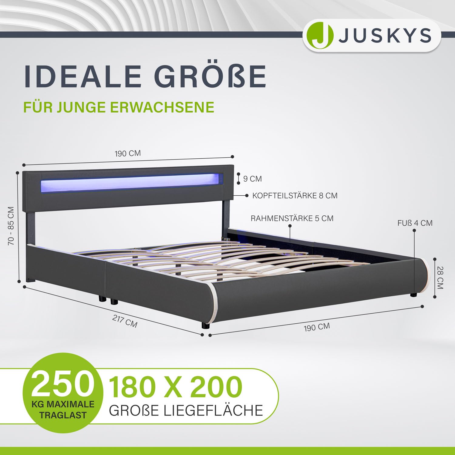 Juskys Polsterbett Sevilla 180x200 cm mit LED Beleuchtung, Lattenrost & Kopfteil - Holz & Kunstleder - 16 Farbeinstellungen & Fernbedienung - Bett Bettgestell Doppelbett - Grau