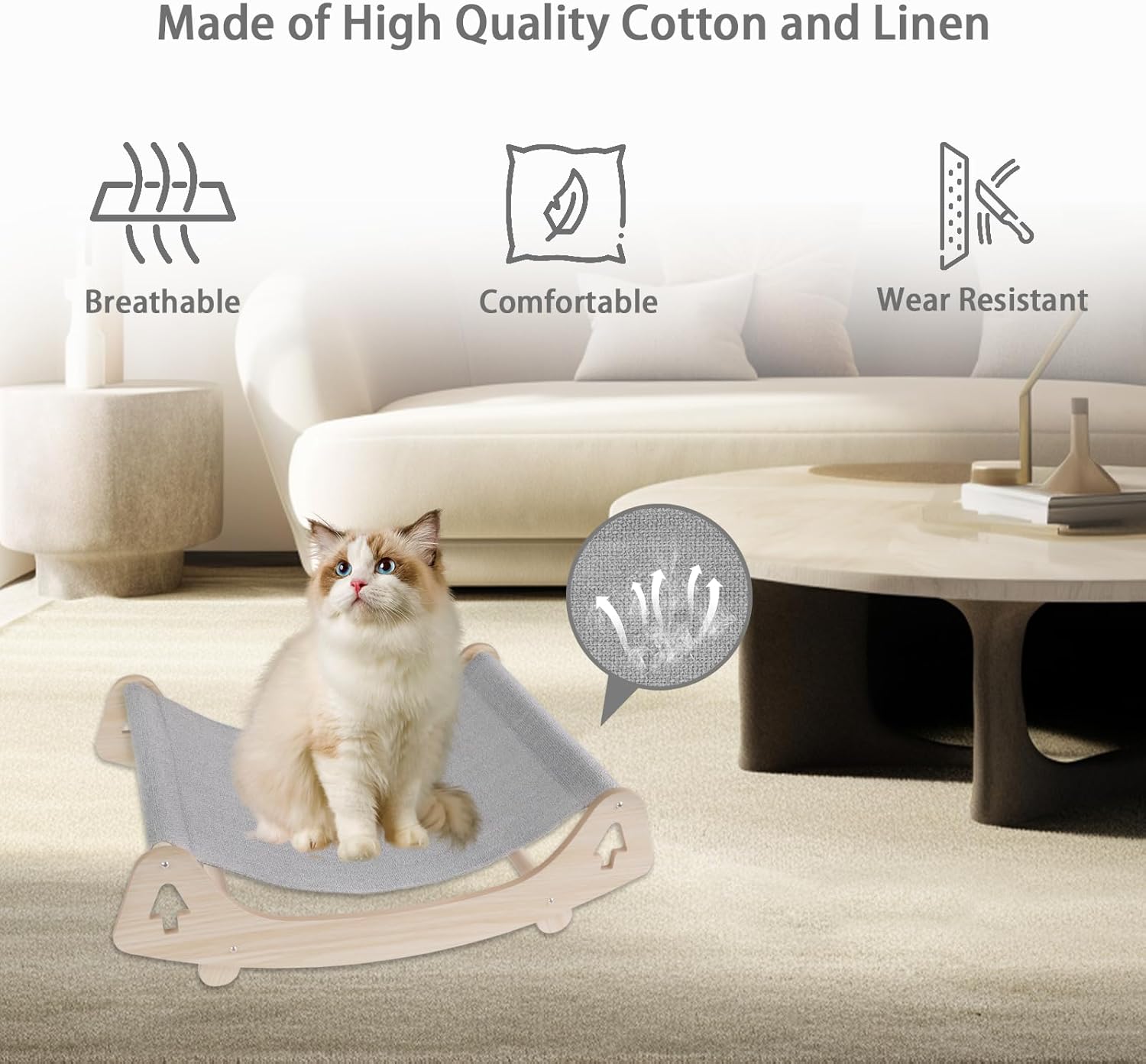 review Cat Bed, Breathable Linen Cat Beds for Indoor Outdoor Cats, Elevated Wooden Hammock 21.9 X 15 Inch Pet Furniture for Kitty Puppy Bunny Rabbit Small Animal