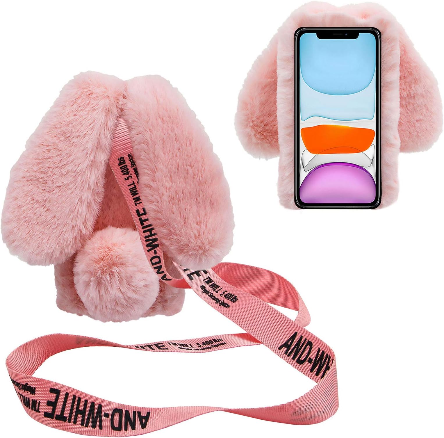 3D Bunny Ears Plush Case for iPod Touch 5/6 / 7 with Crossbody Strap, Winter Warm Handmade Bling Diamond Soft Rabbit Fluffy Furry Fur Shockproof Protective Phone Cover, Light Pink