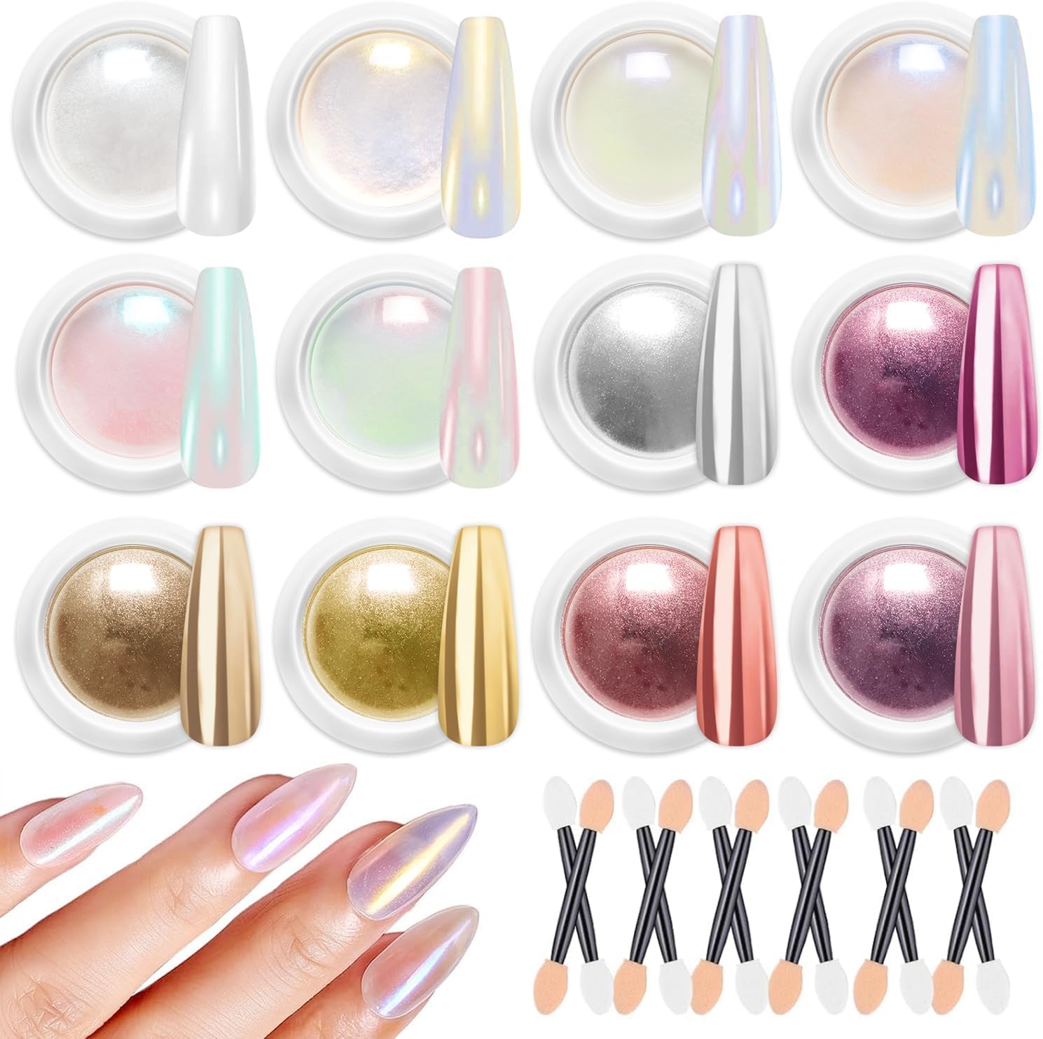 BISHENGYF 12Pcs ミラーパウダー ネイル - メタリック ミラー効果 & パール & オーロラ玉虫色ジェル ミラーネイルパウダー、DIY マニキュア ネイルアート デコレーション ギフト