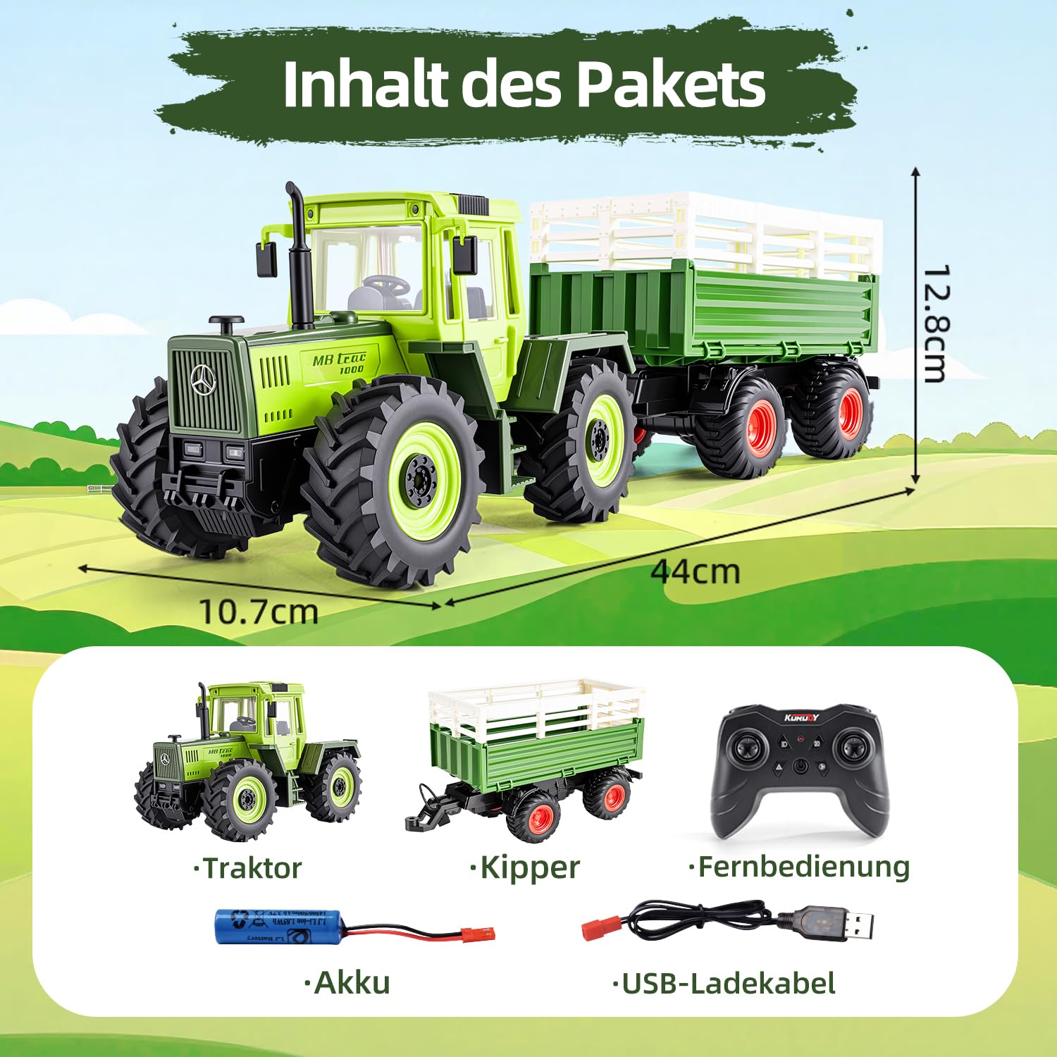 Zdalnie sterowany traktor z przyczepą zabawka Mercedes-Benz MB-trac 1000 | Zabawka traktor zdalnie sterowany, traktor z przyczepą, zabawka rolna, prezent dla dzieci chłopców od 3 4 5 6 8 lat