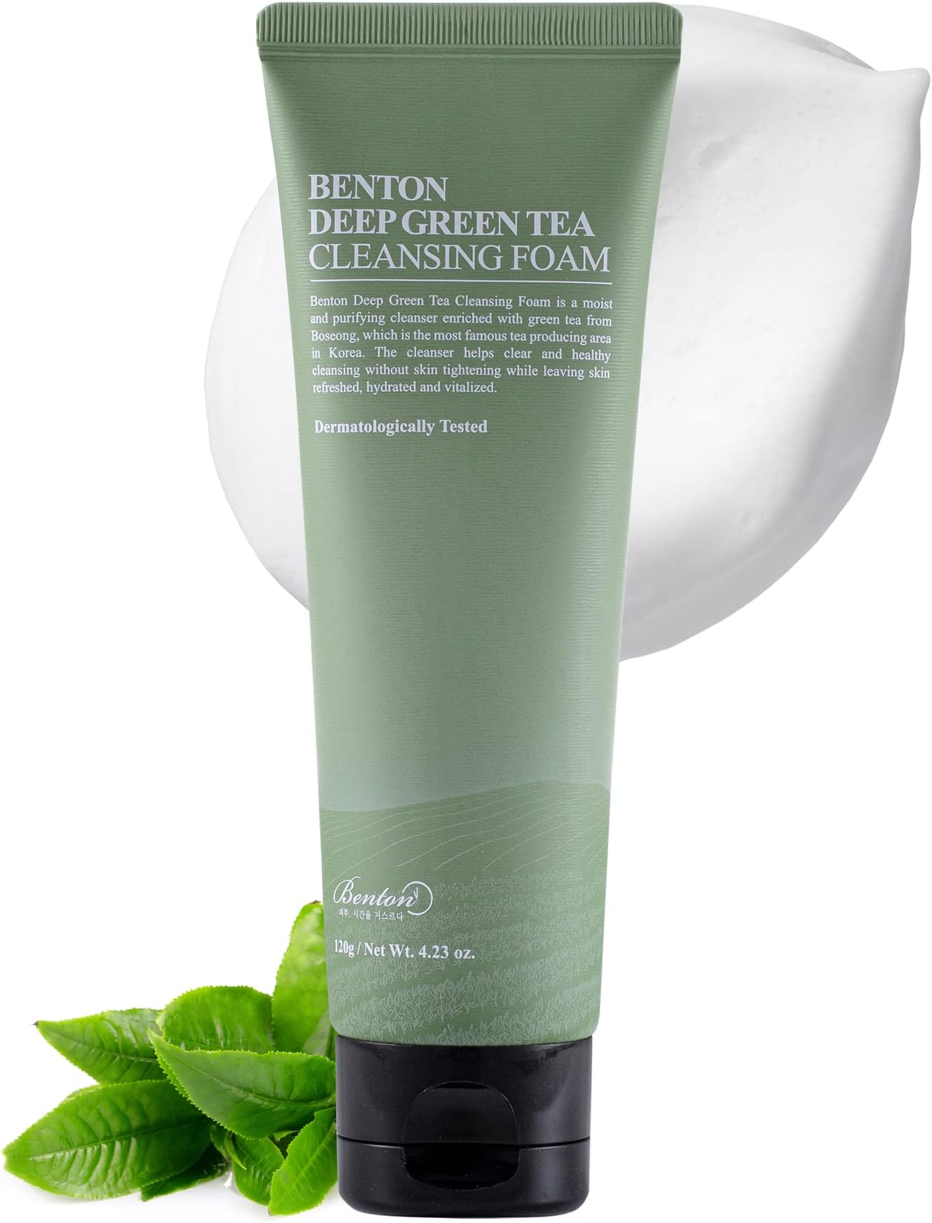 BENTON Deep Green Tea Natural Face Wash (4.23 oz.) - Hydrating and Gentle Facial Cleanser for Various Skin types, Korean Foaming Facial Cleanser