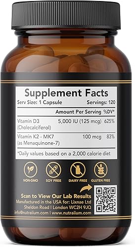 Miniatura 11 de Atery Armor Suplemento de vitamina D3 K2 Cápsulas de alta potencia con 5000 UI D3 y 100 mcg MK-7 K2 - Apoyo para la salud del corazón y los huesos,