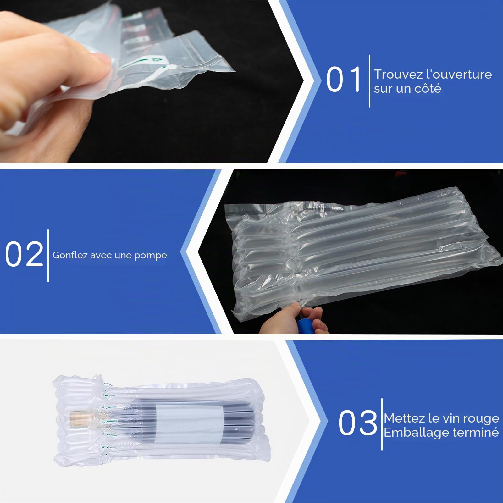 Lot de 10 Protections pour Bouteilles de Vin – 10 Cartons de Transport & 10 Colonnes Gonflables de Protection avec Pompe – Emballage Sécurisé pour Bouteilles de Vin et Objets Fragiles