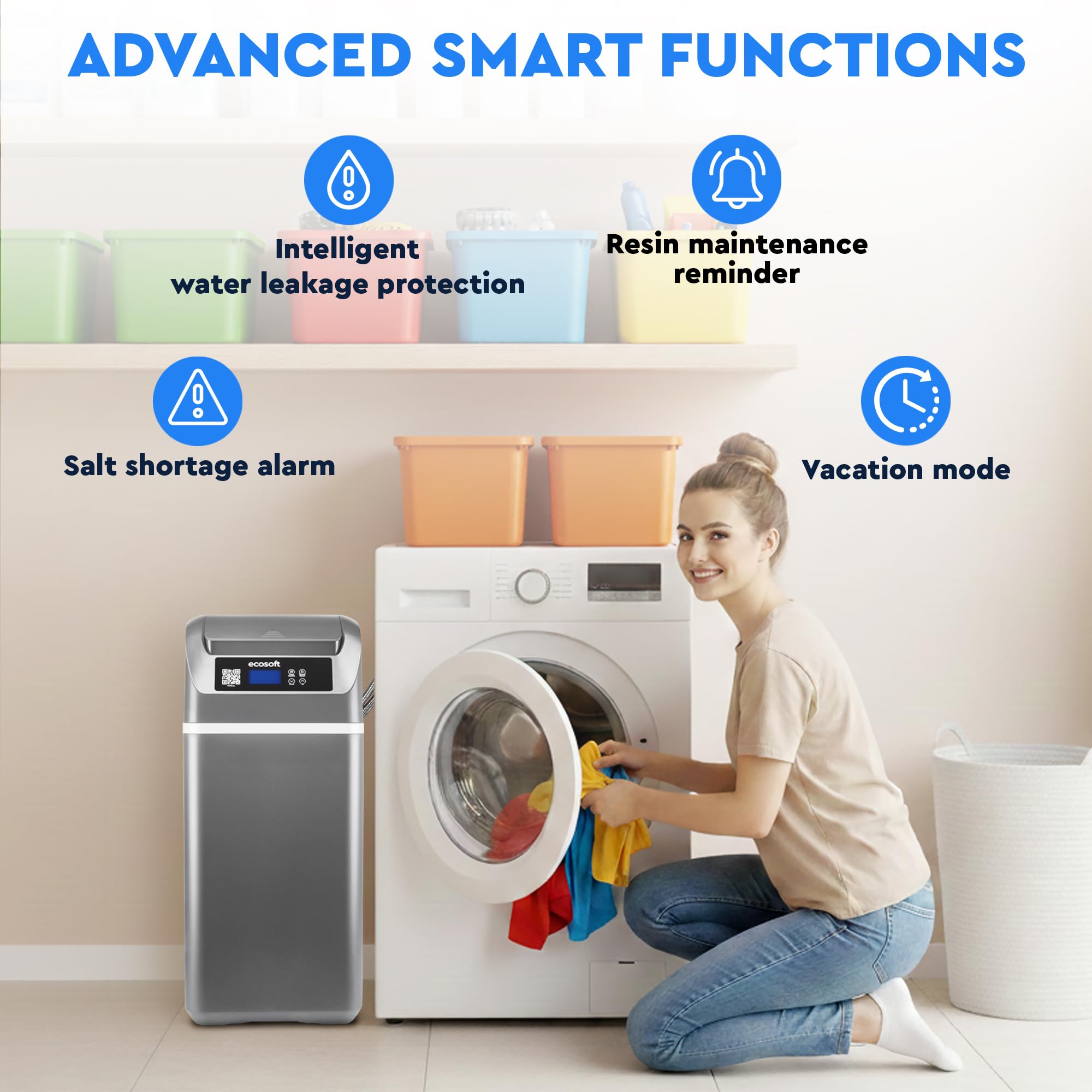 Ecosoft CUBE 150 Descalcificador Compacto para Hogares de hasta 4 Personas | Totalmente Automático, Modo Vacaciones, Aviso para Rellenar la Sal, Conexiones No Incluidas, Pastillas de Sal