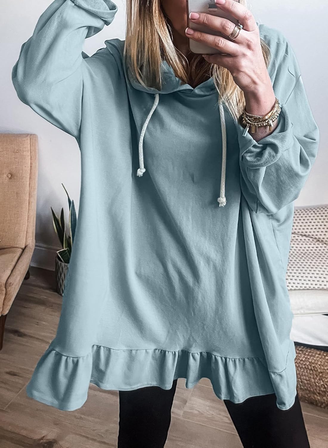 Apvirdy Women's Solid Sweatshirt Hooded Casual Ruffled Hem Peplum Loose Tunic Top Drawstring Long Sleeves Pullover Hoodies - Image 2